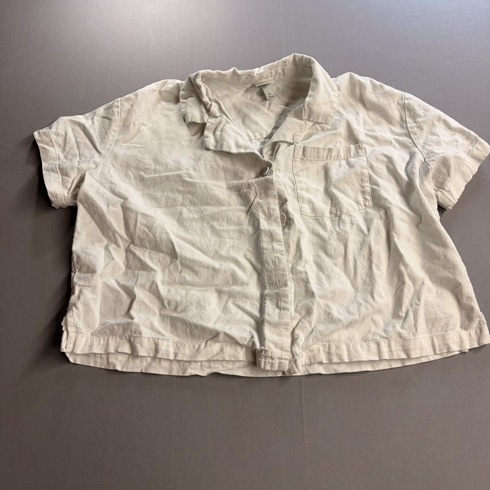 A New Day Women’s XL Linen Blend Cropped Button Down Shirt Ivory Coastal